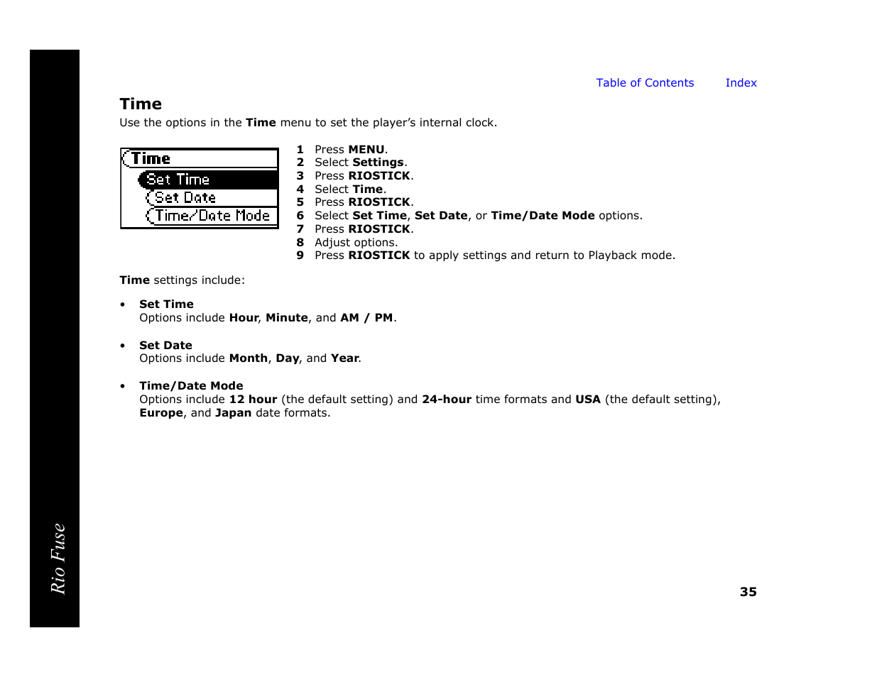 Time, 1 press menu, 2 select settings | 3 press riostick, 4 select time, 5 press riostick, 7 press riostick, 8 adjust options, Rio fuse | Rio Audio Rio Fuse User Manual | Page 39 / 54