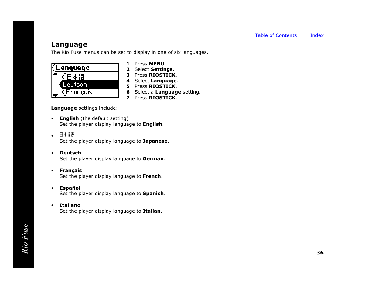 Language, 1 press menu, 2 select settings | 3 press riostick, 4 select language, 5 press riostick, 6 select a language setting, 7 press riostick, Rio fuse | Rio Audio Rio Fuse User Manual | Page 40 / 54