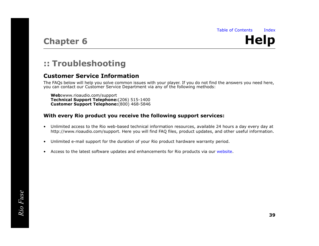 Chapter 6 help, Troubleshooting, Customer service information | Technical support telephone, Customer support telephone, Help, 6 - help, Chapter 6, Rio fuse | Rio Audio Rio Fuse User Manual | Page 43 / 54