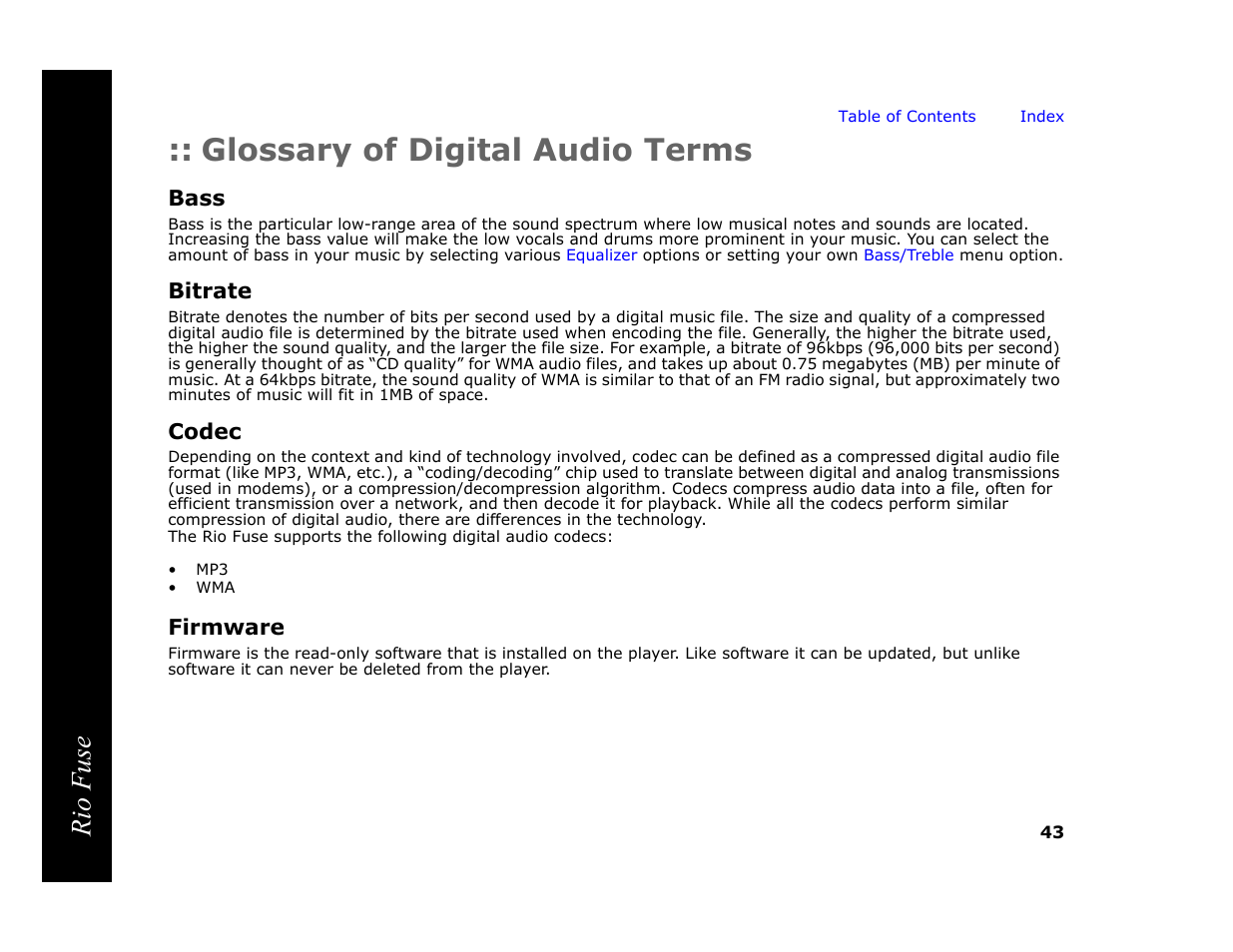 Glossary of digital audio terms, Bass, Bitrate | Codec, Firmware, Rio fuse | Rio Audio Rio Fuse User Manual | Page 47 / 54