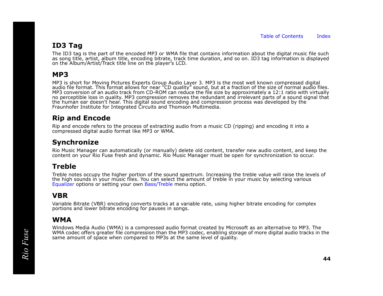 Id3 tag, Rip and encode, Synchronize | Treble, Ally, Wma tags, On digi, Rio fuse | Rio Audio Rio Fuse User Manual | Page 48 / 54