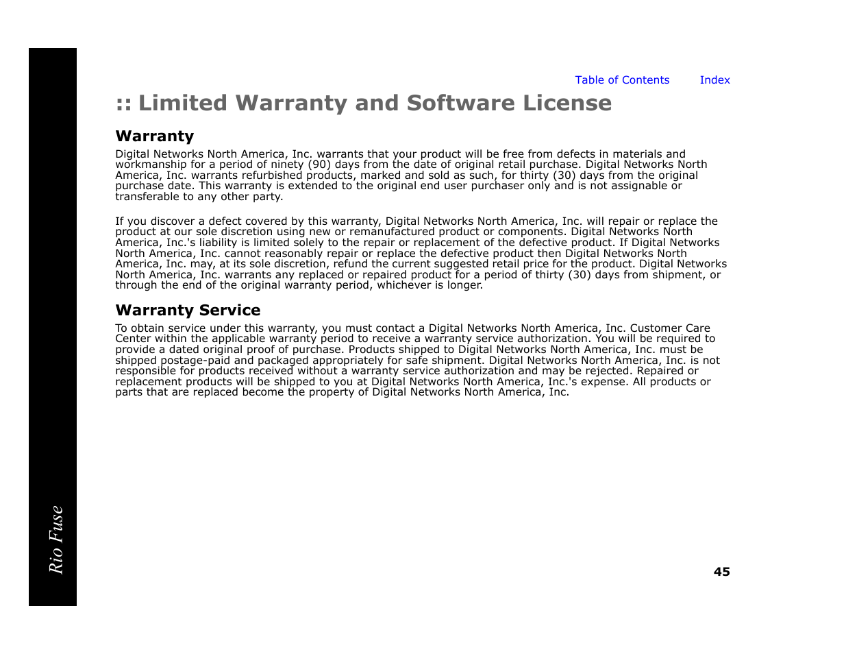 Limited warranty and software license, Warranty, Warranty service | Limited warranty and software, License, Rio fuse | Rio Audio Rio Fuse User Manual | Page 49 / 54