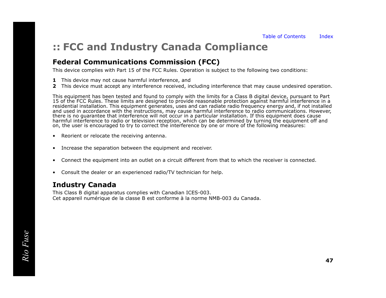 Fcc and industry canada compliance, Federal communications commission (fcc), Industry canada | Rio fuse | Rio Audio Rio Fuse User Manual | Page 51 / 54