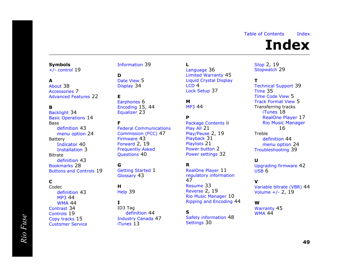 Index, Symbols, Rio fuse | Rio Audio Rio Fuse User Manual | Page 53 / 54