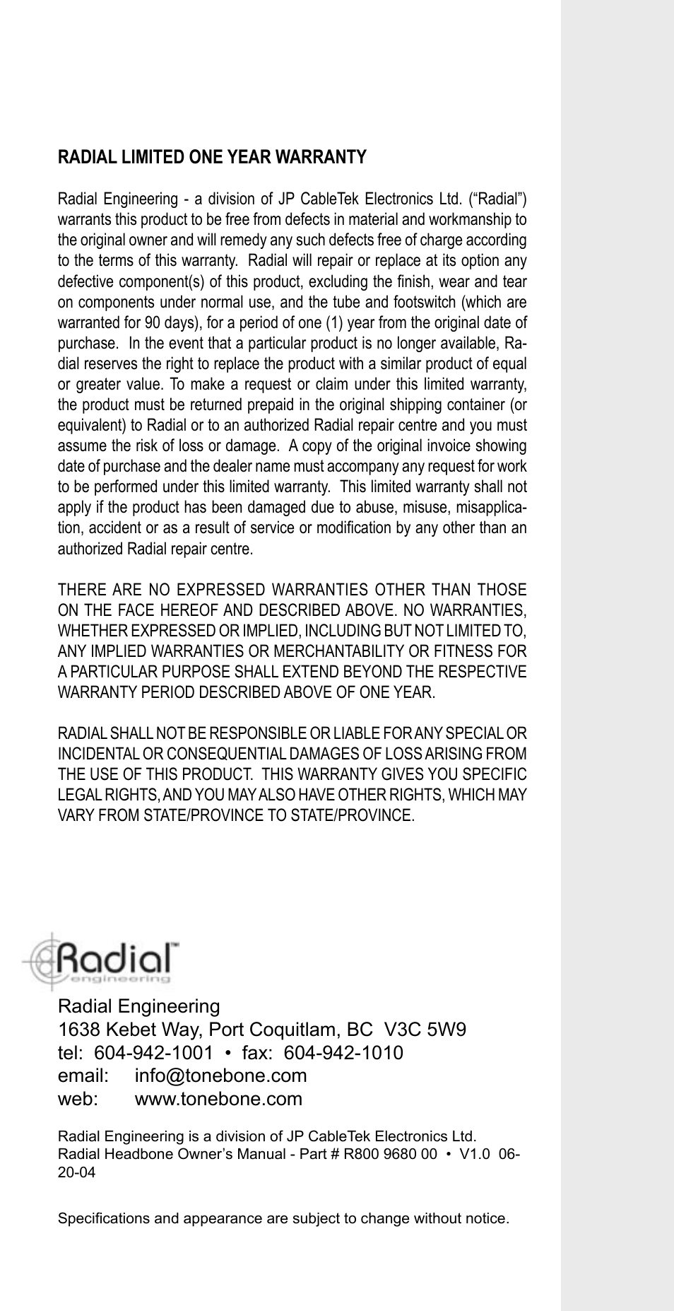 Radian Technologies VT R800 7040 00 User Manual | Page 16 / 16