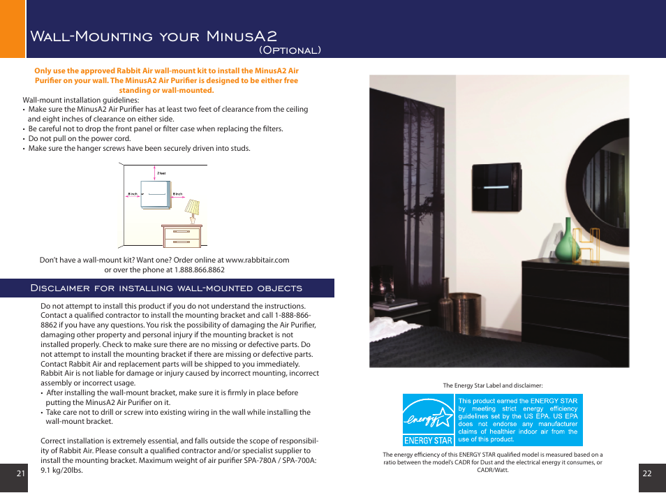 Wall-mounting your minusa2, Optional), Disclaimer for installing wall-mounted objects | Rabbit Air MinusA2 SPA-780A User Manual | Page 12 / 14