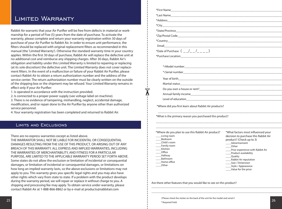 Limited warranty, Limits and exclusions | Rabbit Air MinusA2 SPA-780A User Manual | Page 14 / 14
