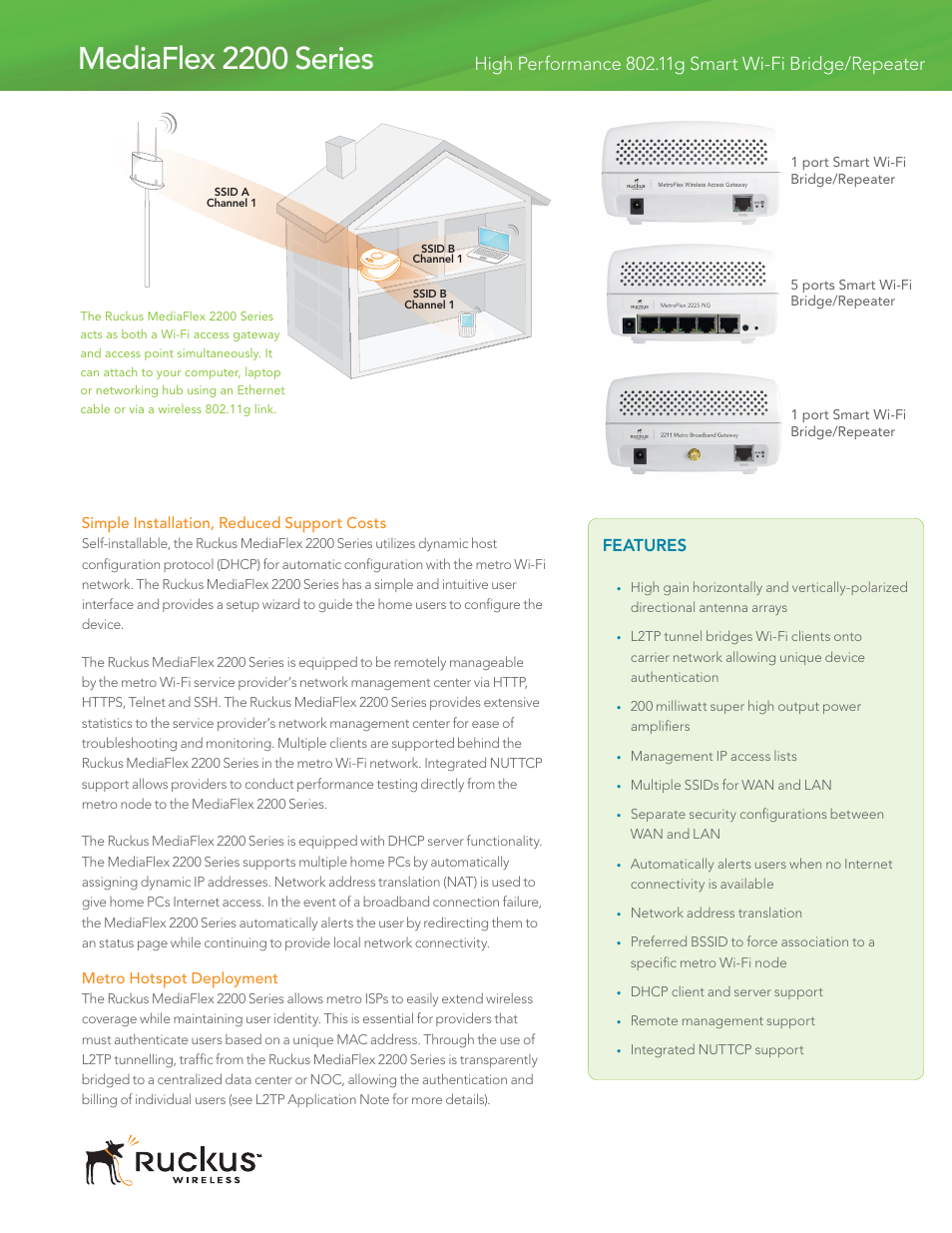 Mf2200_series_ds_3, Mediaflex 2200 series, Features | Ruckus Wireless Media Flex Wi-fi Bridge/Repeater 2200 User Manual | Page 3 / 4