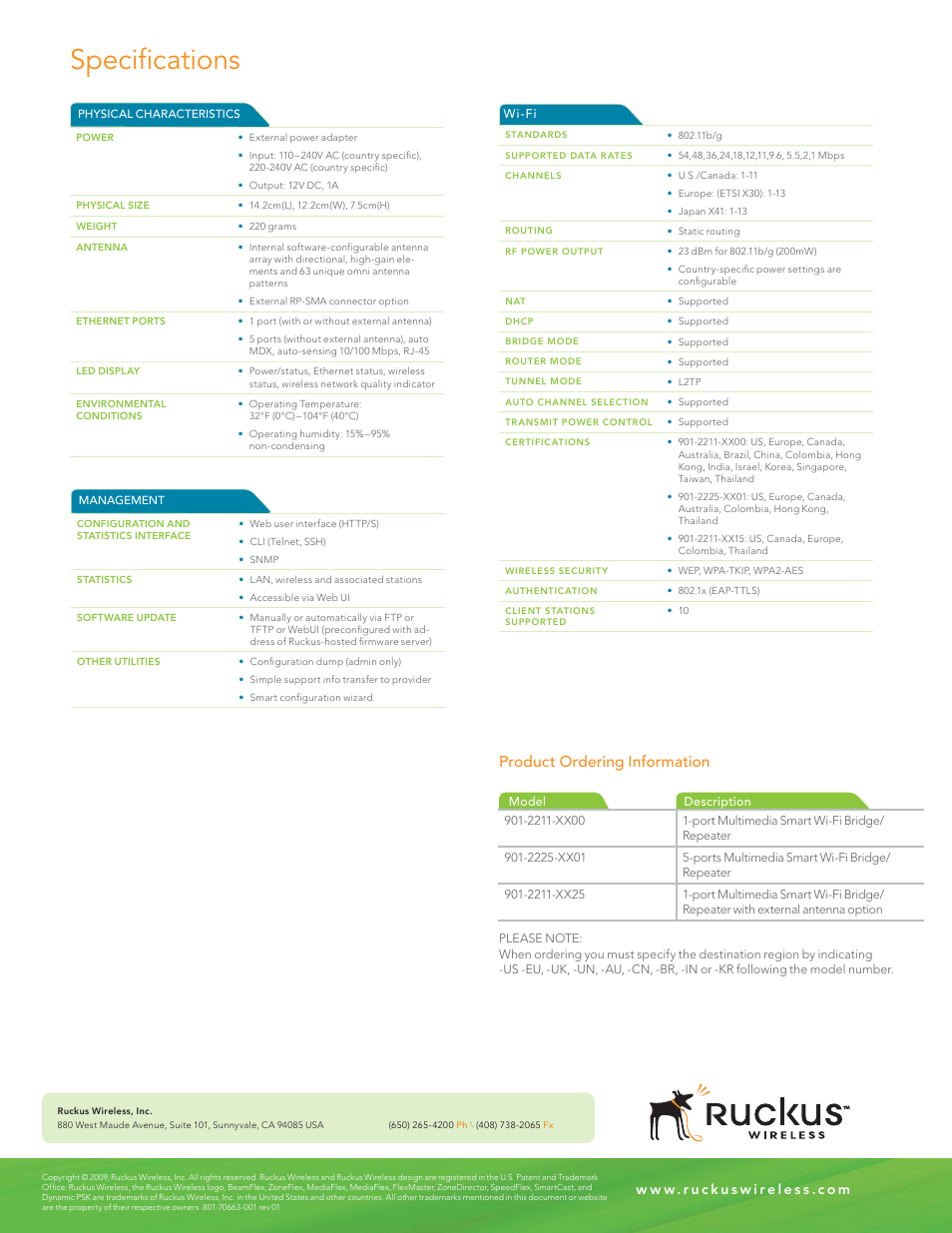 Mf2200_series_ds_4, Specifi cations, Product ordering information | Ruckus Wireless Media Flex Wi-fi Bridge/Repeater 2200 User Manual | Page 4 / 4