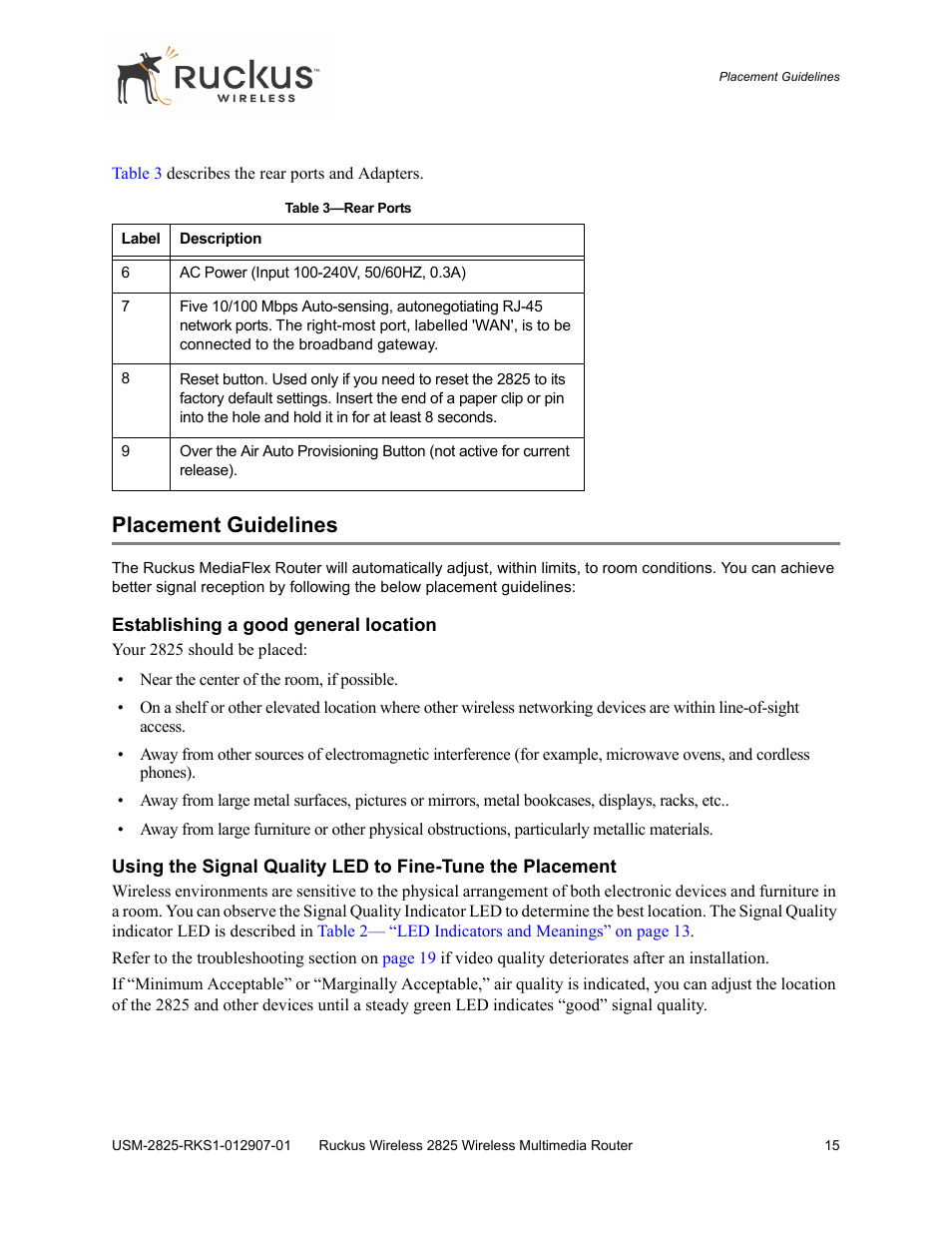 Placement guidelines, Establishing a good general location | Ruckus Wireless 2825 User Manual | Page 15 / 64