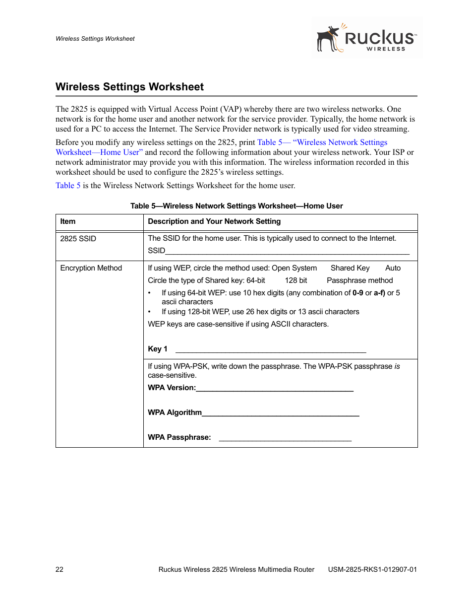 Wireless settings worksheet | Ruckus Wireless 2825 User Manual | Page 22 / 64