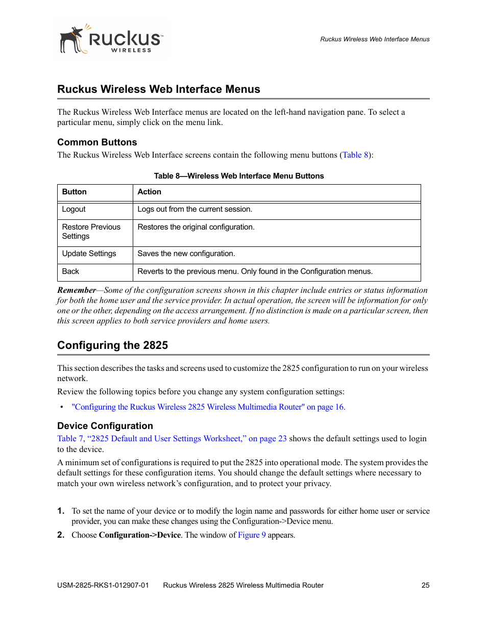 Ruckus wireless web interface menus, Common buttons, Configuring the 2825 | Device configuration | Ruckus Wireless 2825 User Manual | Page 25 / 64