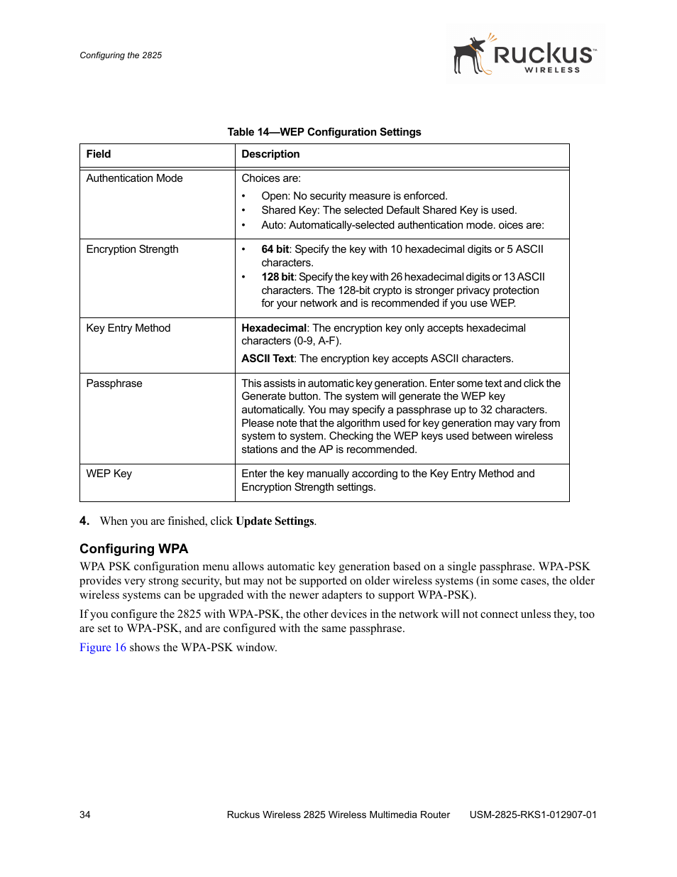 Configuring wpa, Table 14 | Ruckus Wireless 2825 User Manual | Page 34 / 64