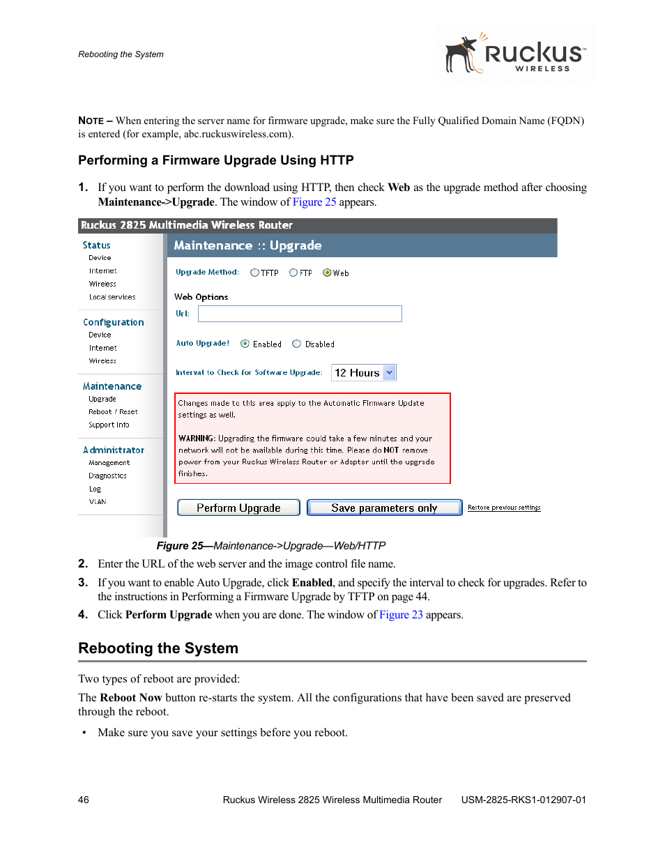 Performing a firmware upgrade using http, Rebooting the system | Ruckus Wireless 2825 User Manual | Page 46 / 64