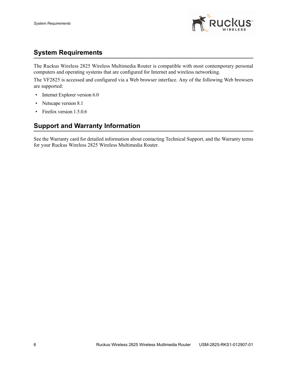 System requirements, Support and warranty information | Ruckus Wireless 2825 User Manual | Page 6 / 64