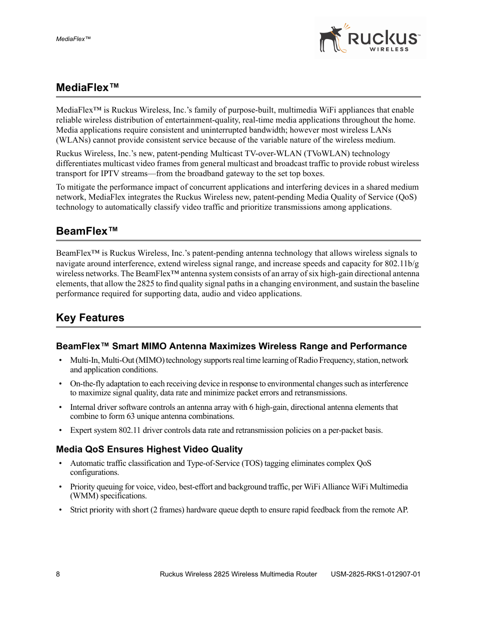 Mediaflex, Beamflex, Key features | Ruckus Wireless 2825 User Manual | Page 8 / 64