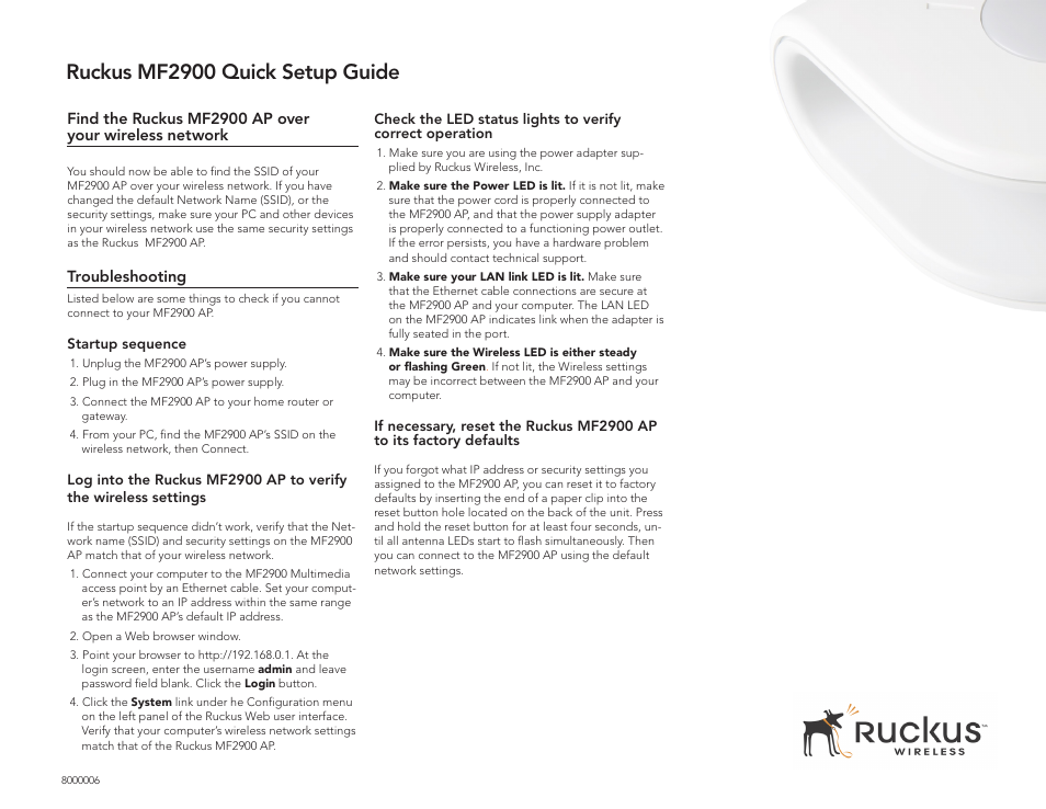 Ruckus mf2900 quick setup guide | Ruckus Wireless MF2900 User Manual | Page 2 / 2