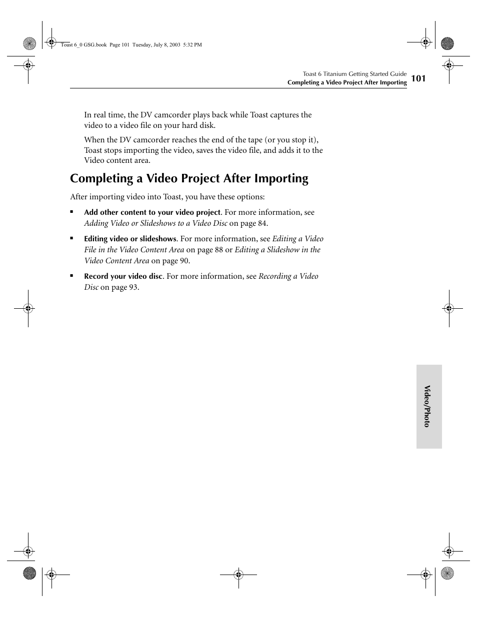 Completing a video project after importing | Roxio TOAST 6 User Manual | Page 111 / 132