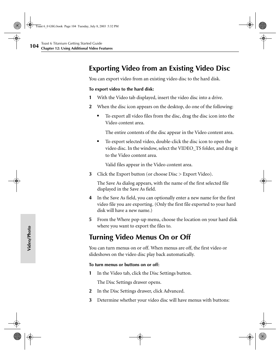 Exporting video from an existing video disc, Turning video menus on or off | Roxio TOAST 6 User Manual | Page 114 / 132