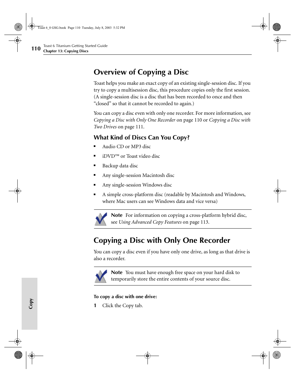 Overview of copying a disc, Copying a disc with only one recorder, What kind of discs can you copy | Roxio TOAST 6 User Manual | Page 120 / 132