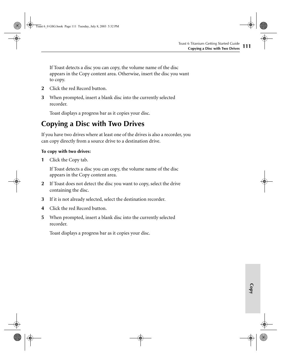 Copying a disc with two drives | Roxio TOAST 6 User Manual | Page 121 / 132