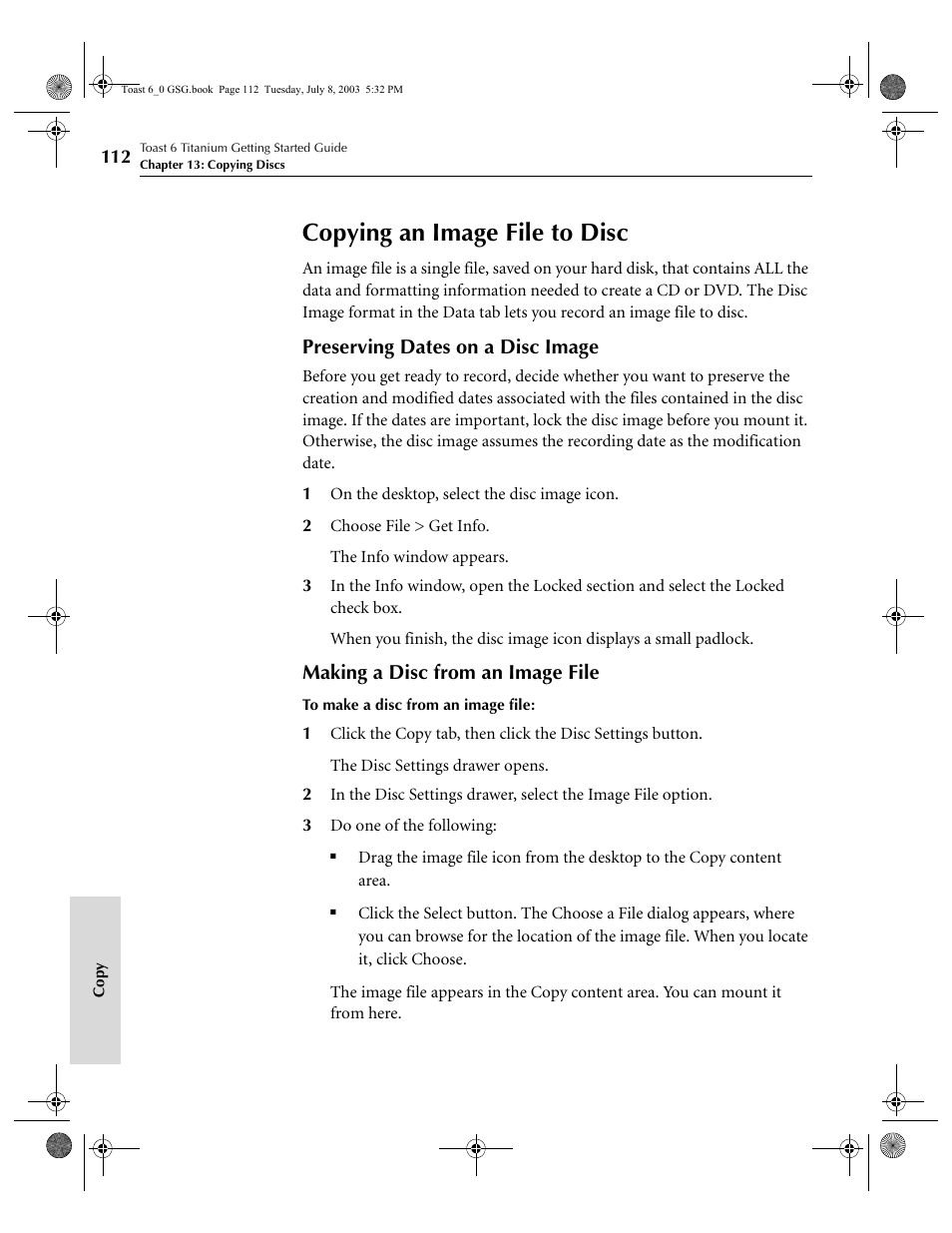 Copying an image file to disc, Preserving dates on a disc image, Making a disc from an image file | Roxio TOAST 6 User Manual | Page 122 / 132