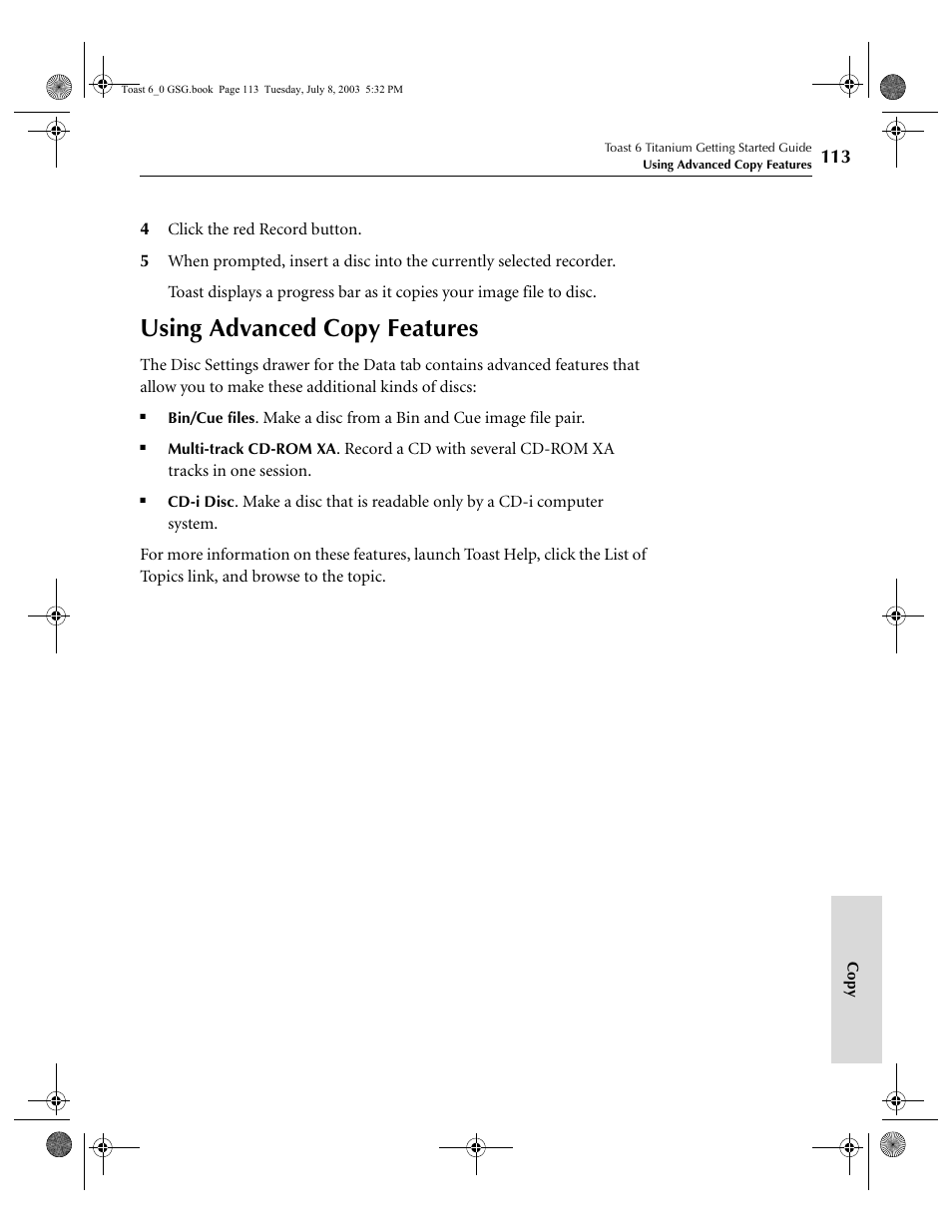 Using advanced copy features | Roxio TOAST 6 User Manual | Page 123 / 132