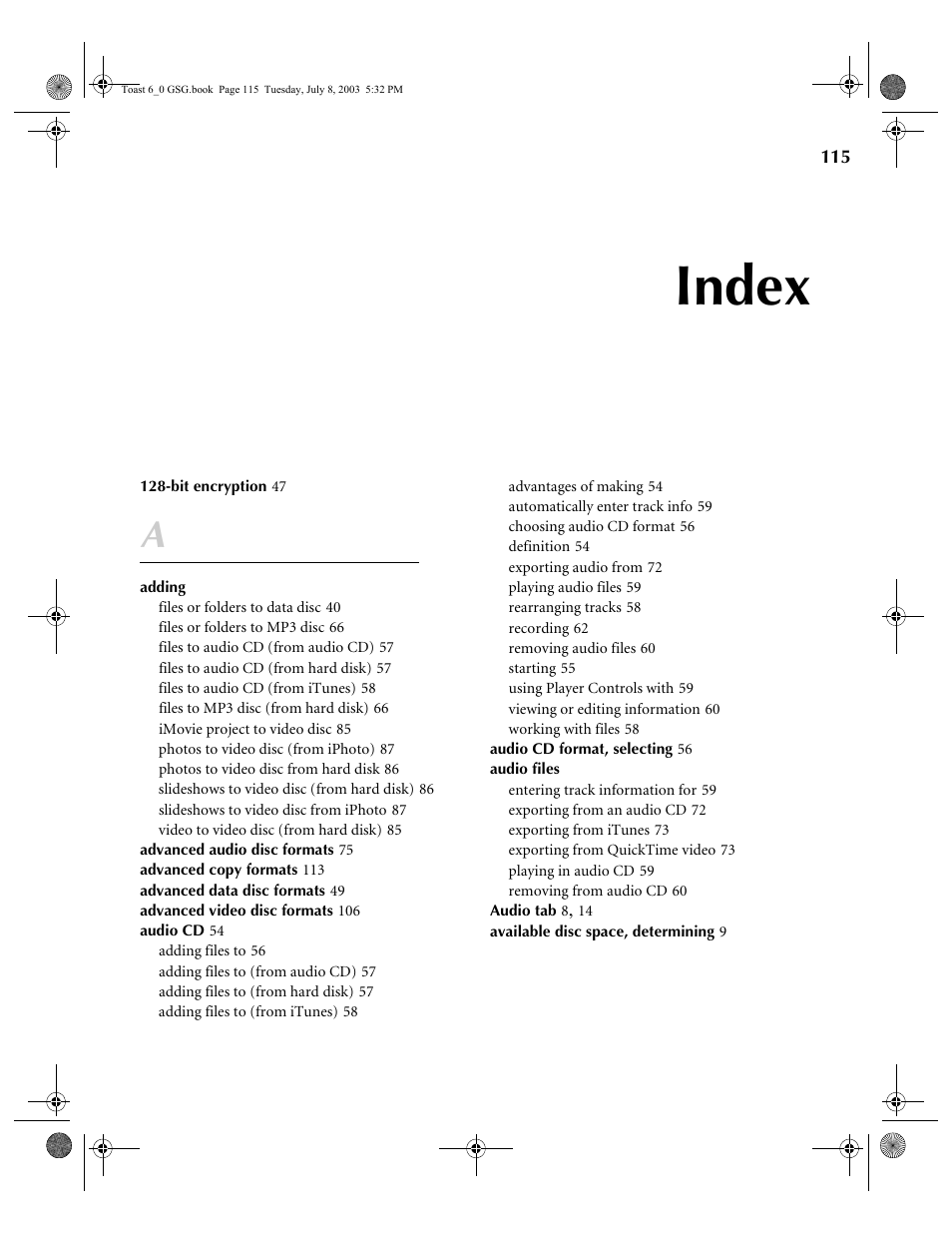 Index | Roxio TOAST 6 User Manual | Page 125 / 132