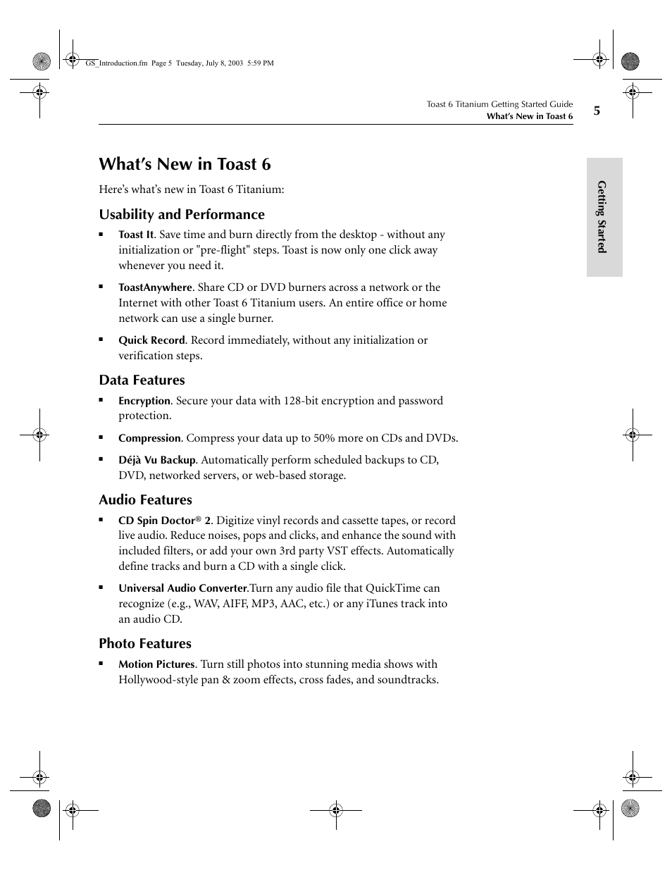 What’s new in toast 6, Usability and performance, Data features | Audio features, Photo features | Roxio TOAST 6 User Manual | Page 15 / 132