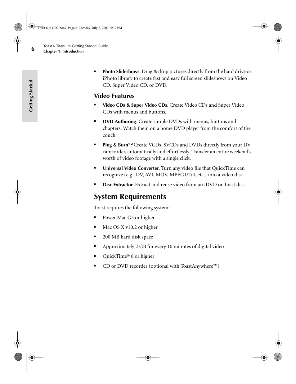 System requirements, Video features | Roxio TOAST 6 User Manual | Page 16 / 132