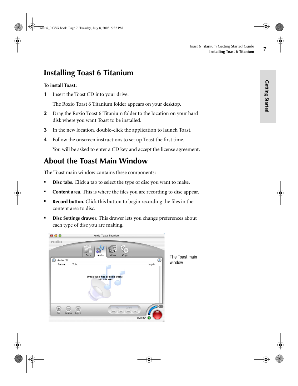 Installing toast 6 titanium, About the toast main window | Roxio TOAST 6 User Manual | Page 17 / 132