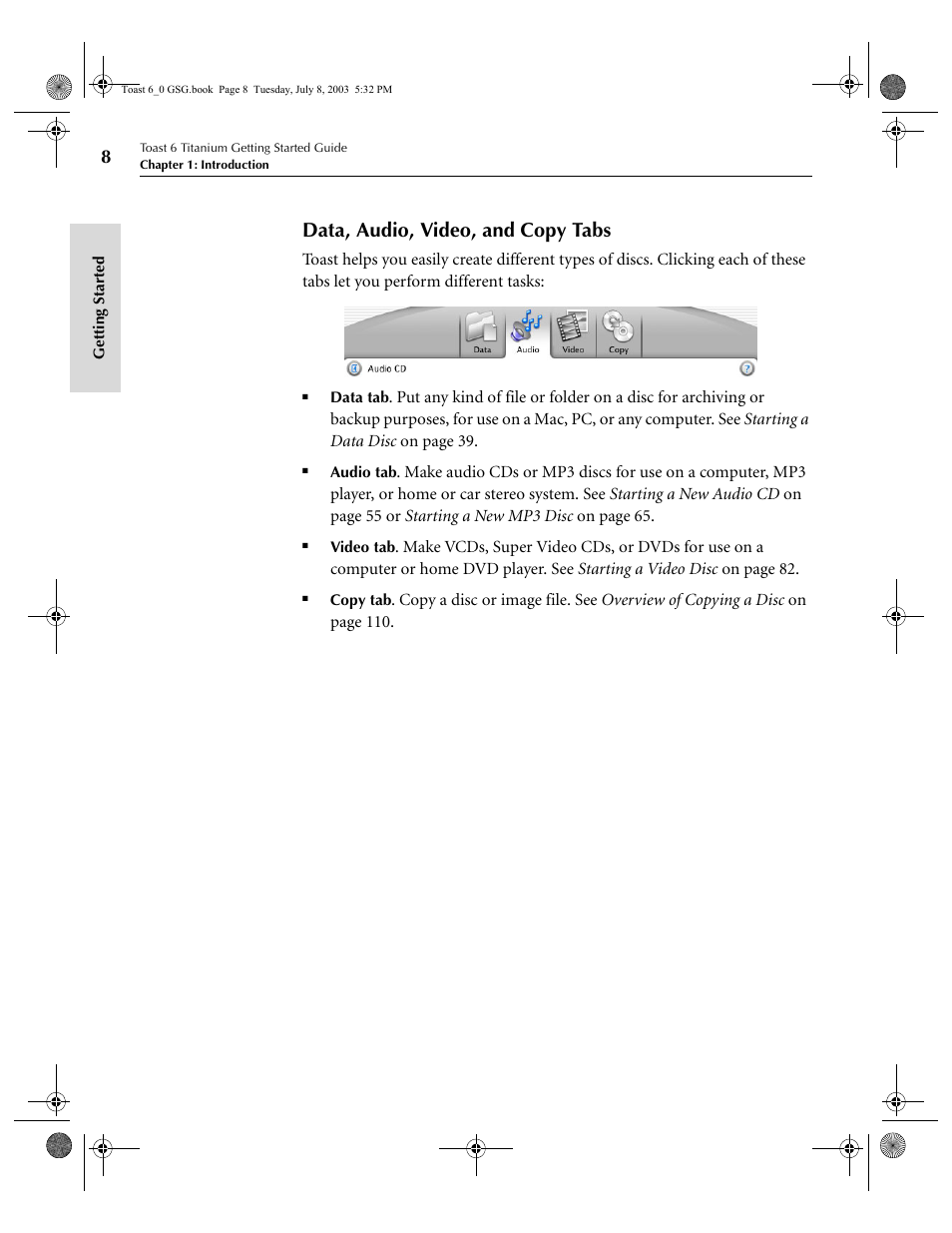 Data, audio, video, and copy tabs | Roxio TOAST 6 User Manual | Page 18 / 132