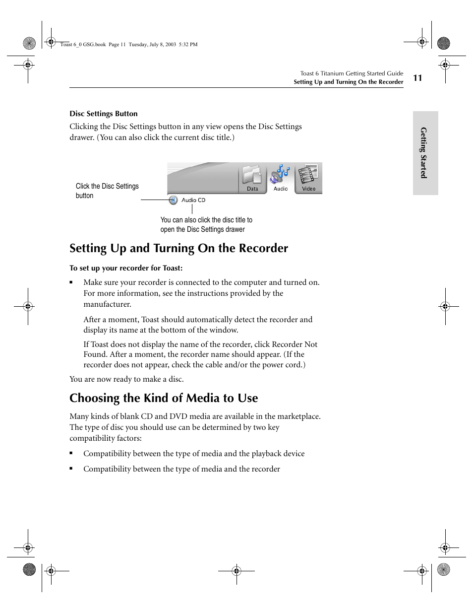 Setting up and turning on the recorder, Choosing the kind of media to use | Roxio TOAST 6 User Manual | Page 21 / 132