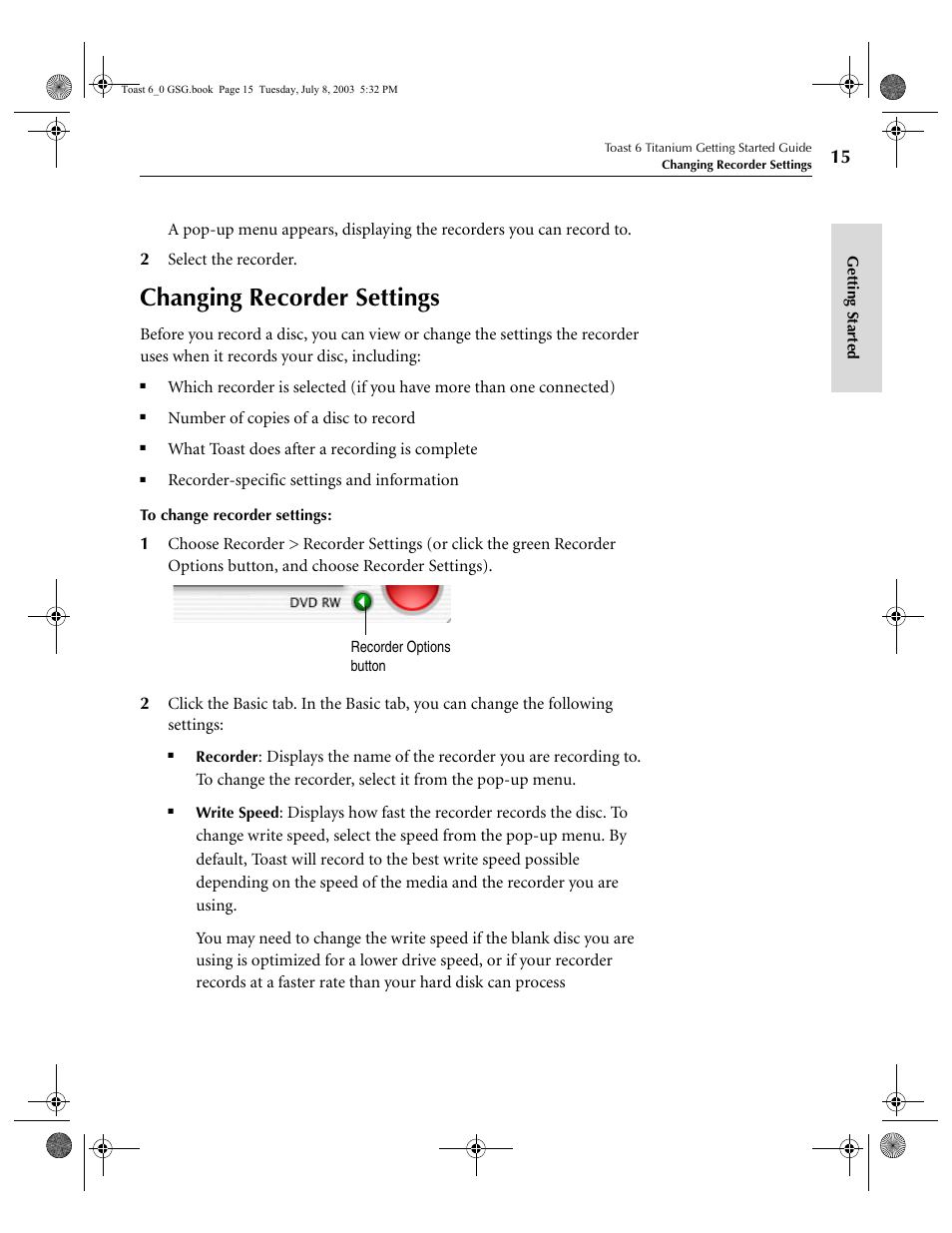 Changing recorder settings | Roxio TOAST 6 User Manual | Page 25 / 132