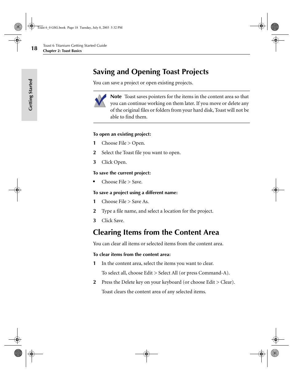 Saving and opening toast projects, Clearing items from the content area | Roxio TOAST 6 User Manual | Page 28 / 132