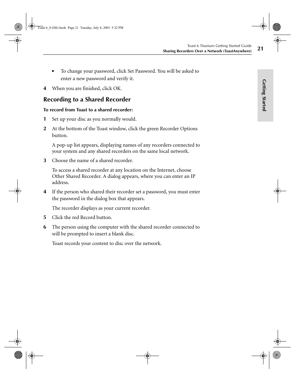 Recording to a shared recorder | Roxio TOAST 6 User Manual | Page 31 / 132