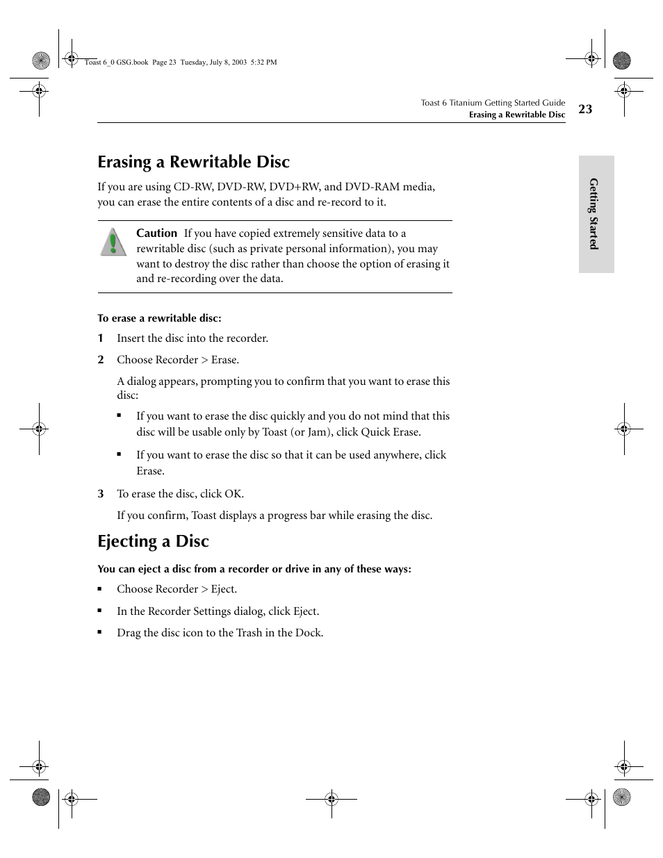 Erasing a rewritable disc, Ejecting a disc | Roxio TOAST 6 User Manual | Page 33 / 132