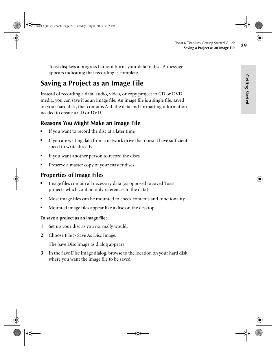 Saving a project as an image file, Reasons you might make an image file, Properties of image files | Roxio TOAST 6 User Manual | Page 39 / 132