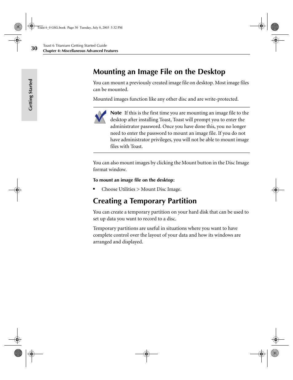 Mounting an image file on the desktop, Creating a temporary partition | Roxio TOAST 6 User Manual | Page 40 / 132