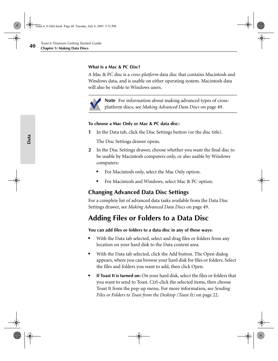 Adding files or folders to a data disc, Changing advanced data disc settings | Roxio TOAST 6 User Manual | Page 50 / 132