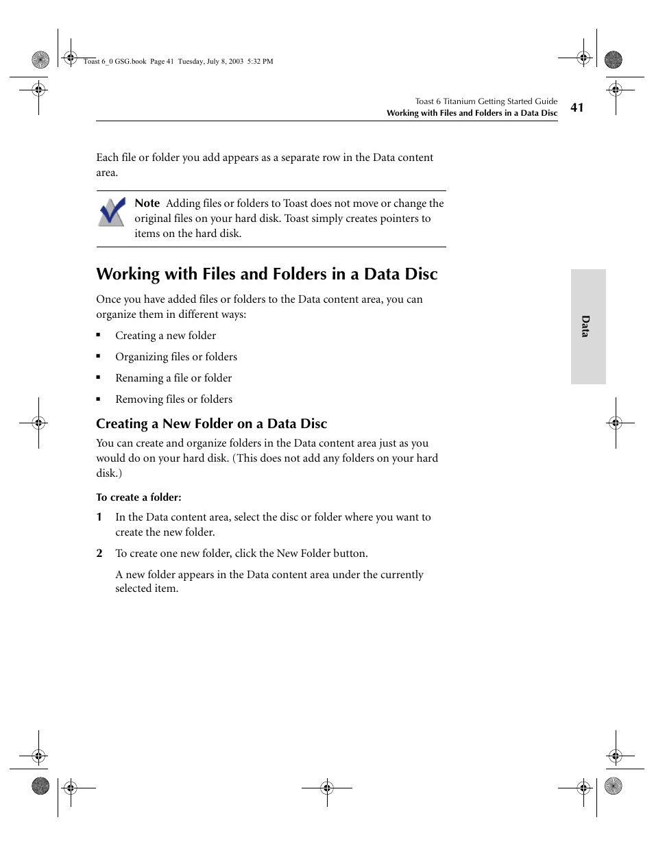 Working with files and folders in a data disc, Creating a new folder on a data disc | Roxio TOAST 6 User Manual | Page 51 / 132