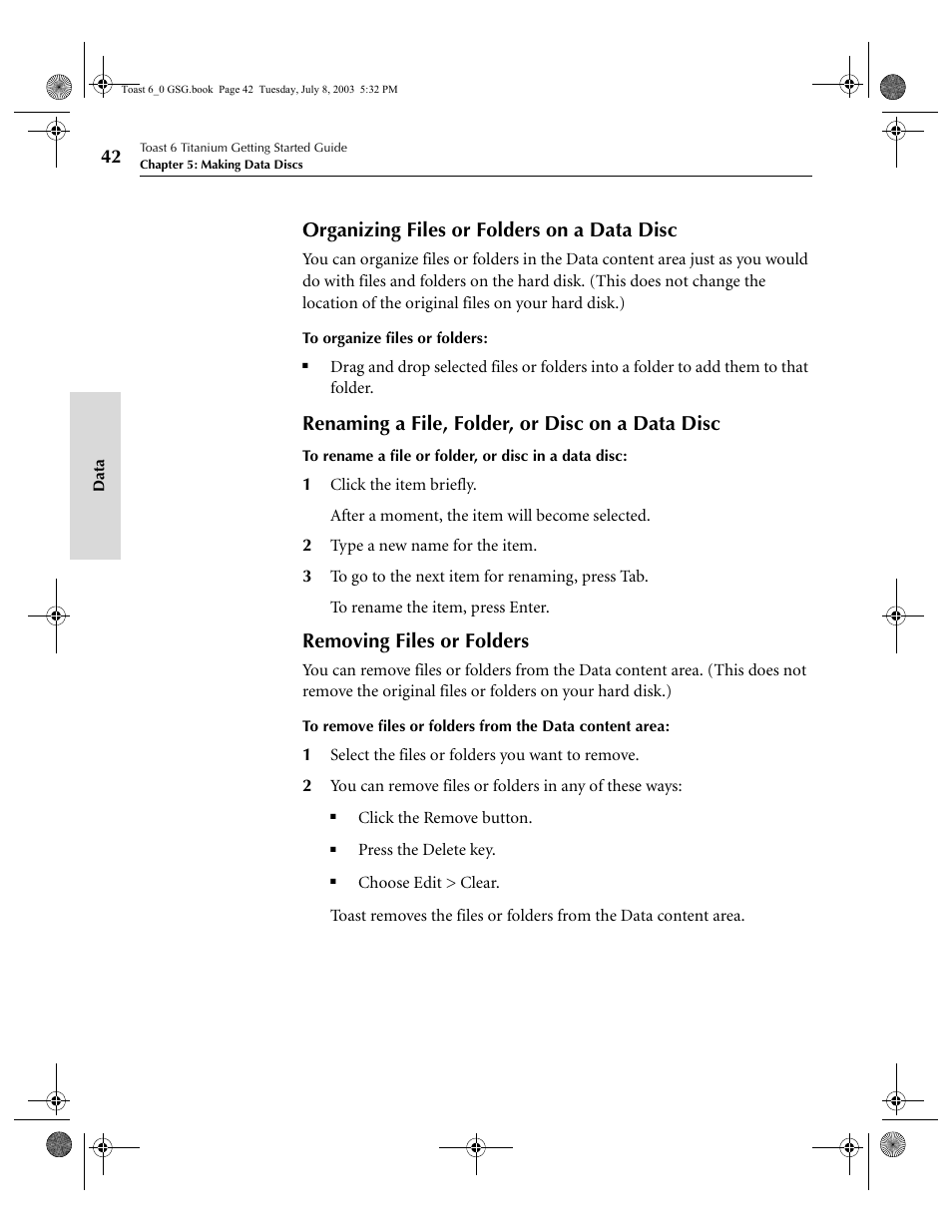 Organizing files or folders on a data disc, Renaming a file, folder, or disc on a data disc, Removing files or folders | Roxio TOAST 6 User Manual | Page 52 / 132