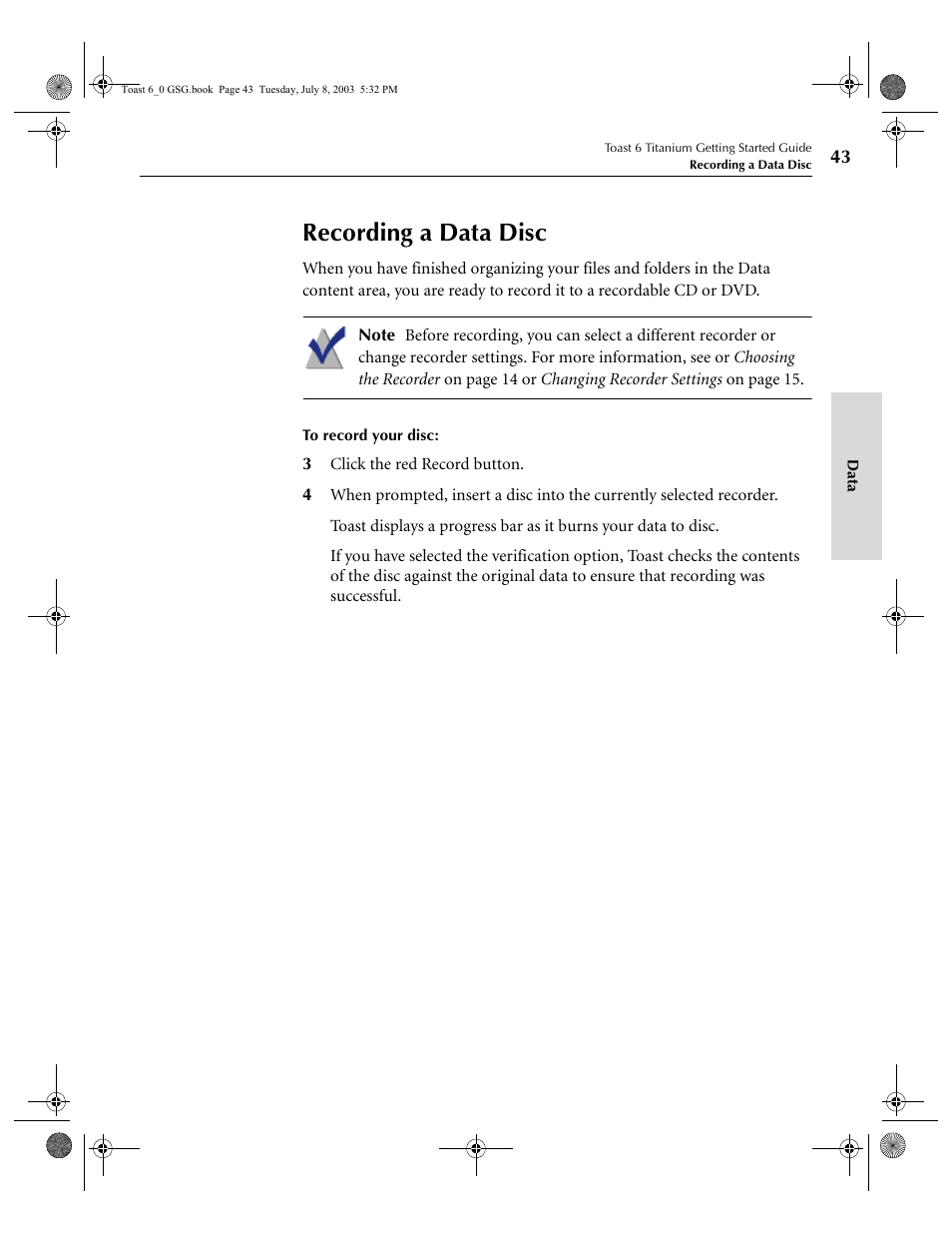 Recording a data disc | Roxio TOAST 6 User Manual | Page 53 / 132