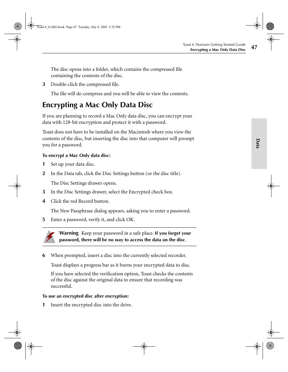 Encrypting a mac only data disc | Roxio TOAST 6 User Manual | Page 57 / 132
