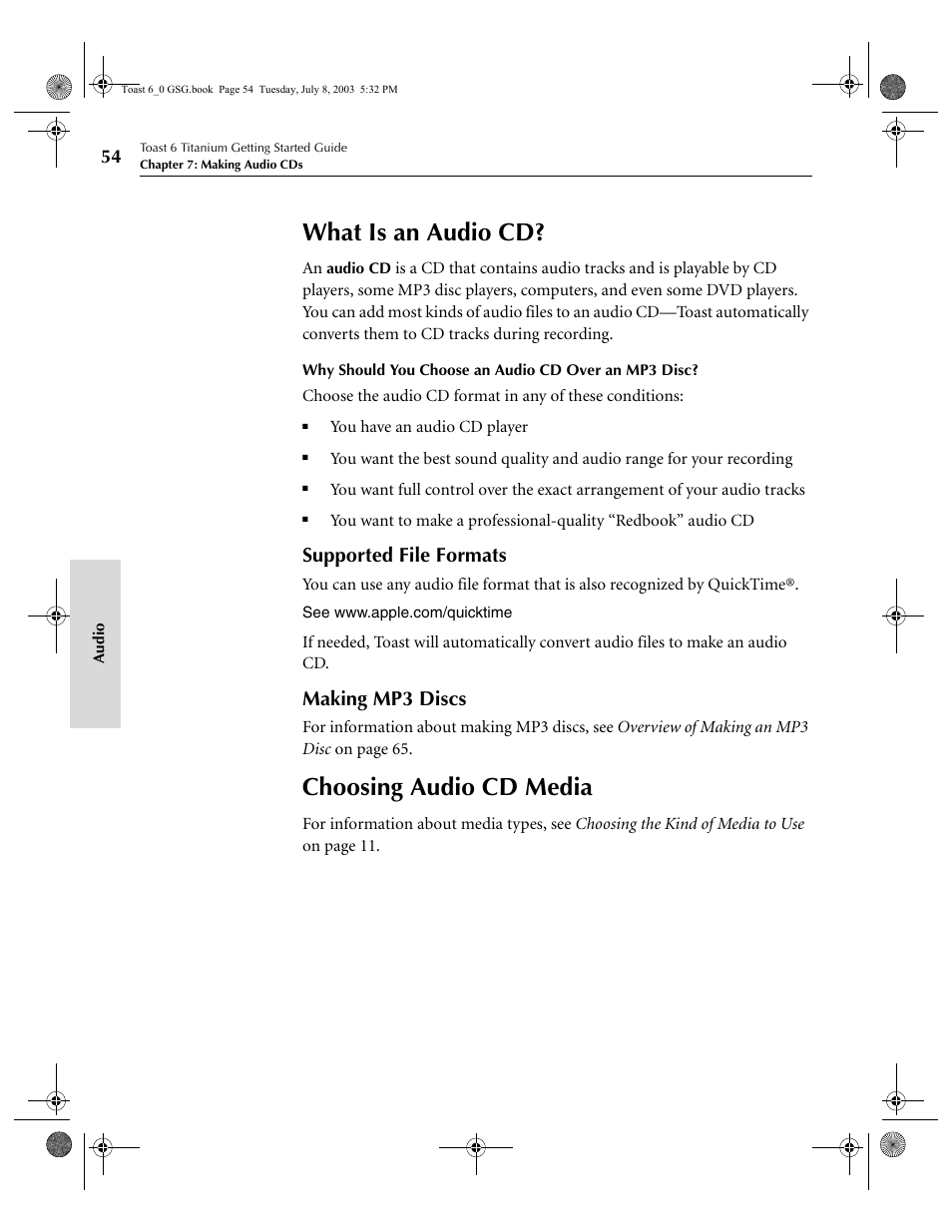What is an audio cd, Choosing audio cd media, Supported file formats | Making mp3 discs | Roxio TOAST 6 User Manual | Page 64 / 132