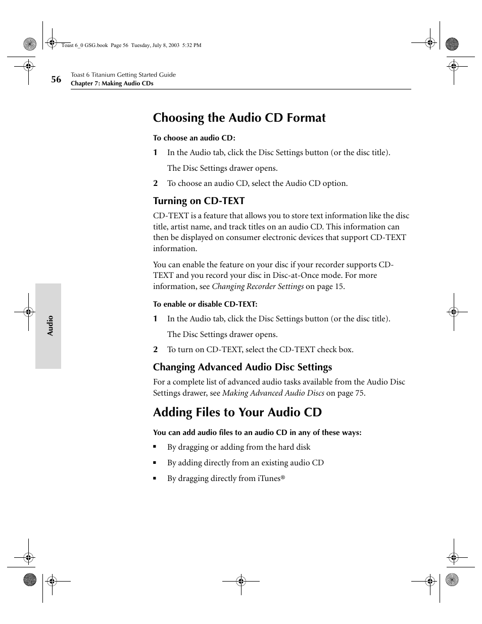 Choosing the audio cd format, Adding files to your audio cd, Turning on cd-text | Changing advanced audio disc settings | Roxio TOAST 6 User Manual | Page 66 / 132