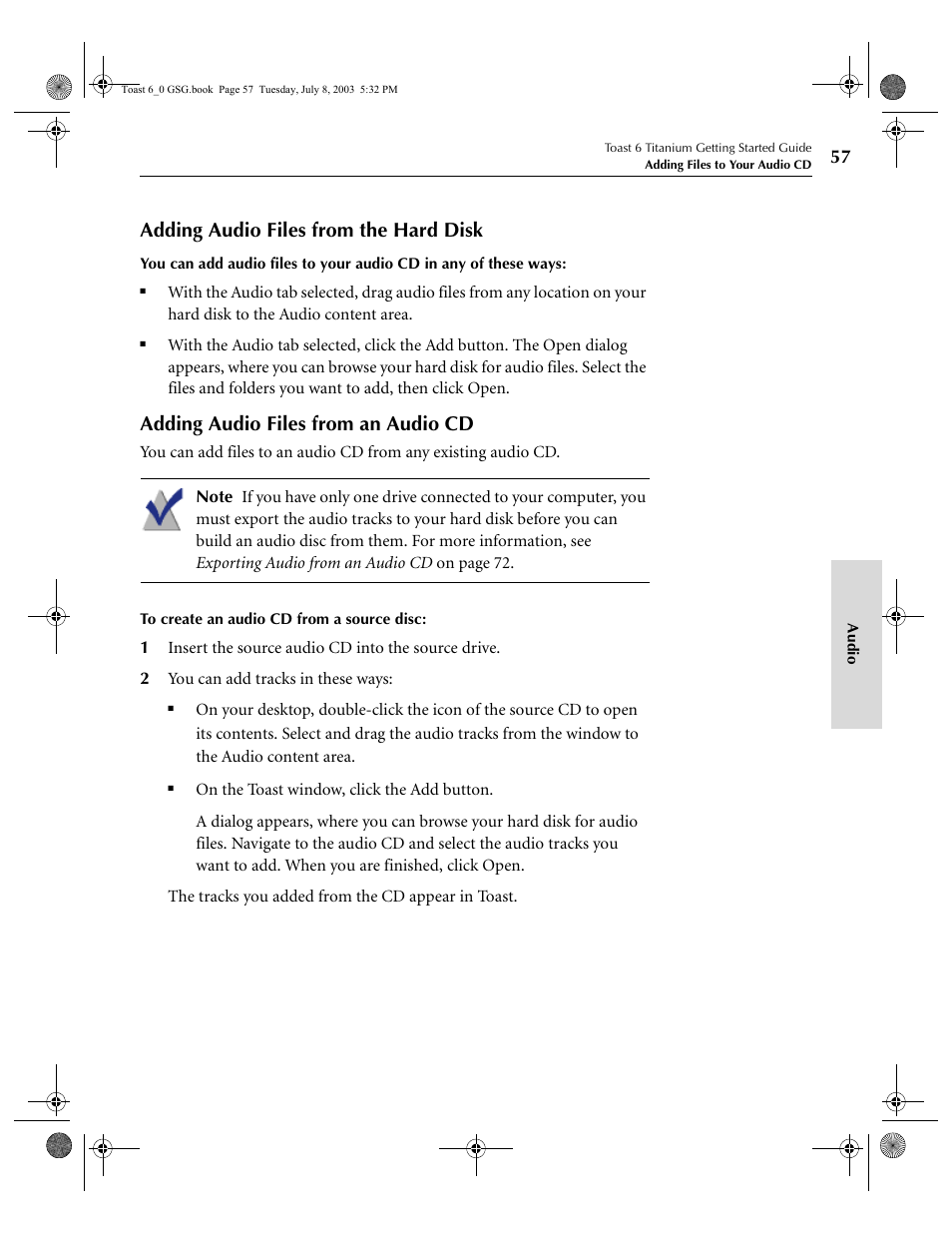 Adding audio files from the hard disk, Adding audio files from an audio cd | Roxio TOAST 6 User Manual | Page 67 / 132