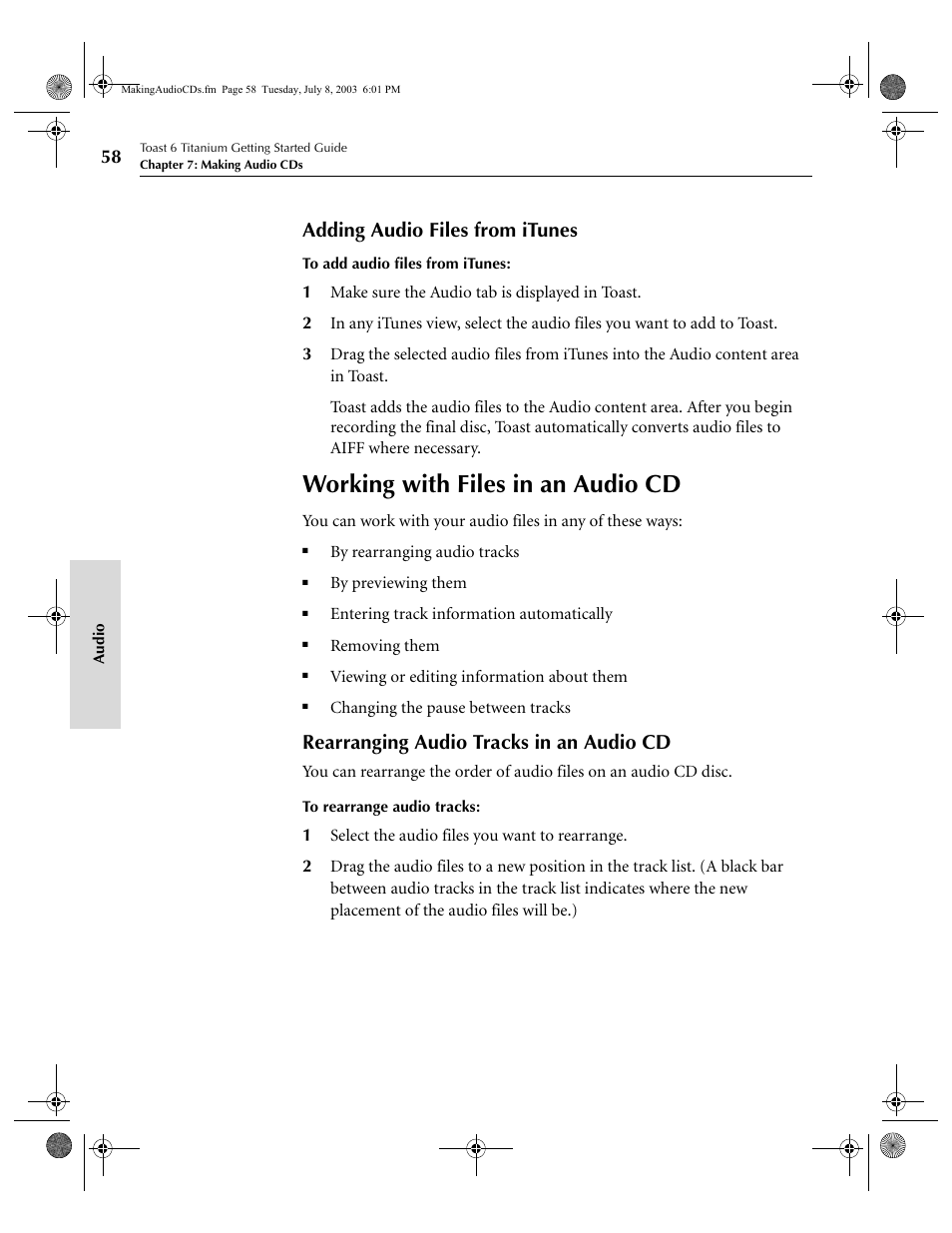 Working with files in an audio cd, Adding audio files from itunes, Rearranging audio tracks in an audio cd | Roxio TOAST 6 User Manual | Page 68 / 132
