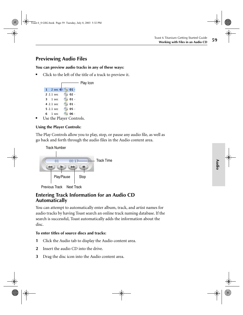 Previewing audio files | Roxio TOAST 6 User Manual | Page 69 / 132