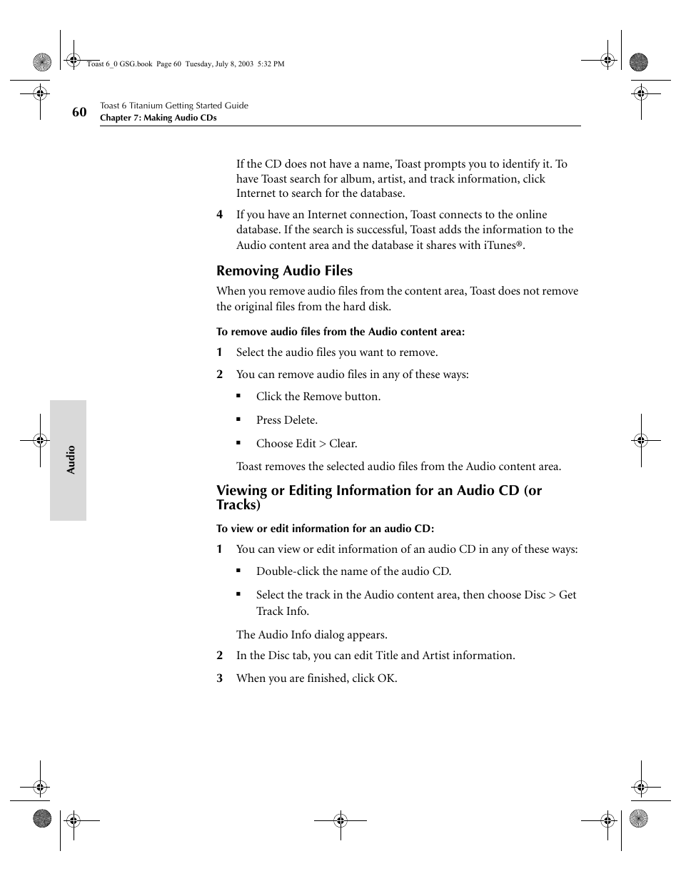 Removing audio files | Roxio TOAST 6 User Manual | Page 70 / 132